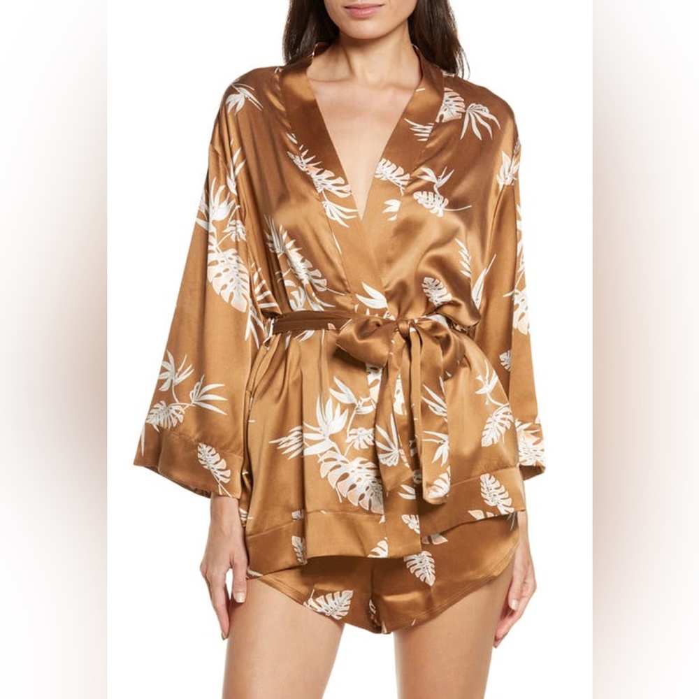 NEW Lunya Silk Short Robe Caramel Palm SZ M